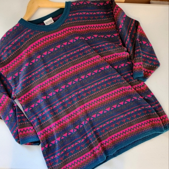 Vintage Oversized Pink Blue Fair Isle Crew Neck Sweater 90s 1990s Ski Preppy M - Picture 1 of 9